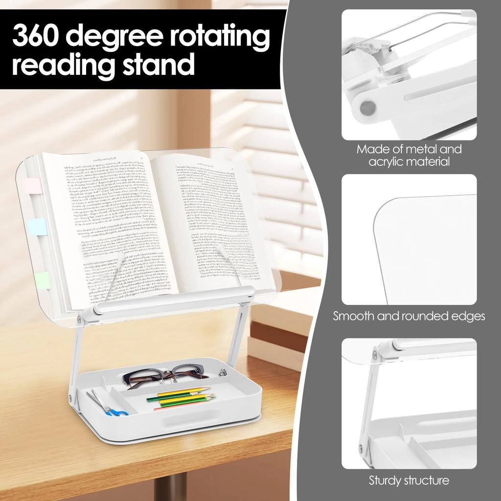 Transparent Book Stand Height Adjustable Book Holder with Storage and 360° Adjustable Base Foldable Tablet Laptop Reading Stand