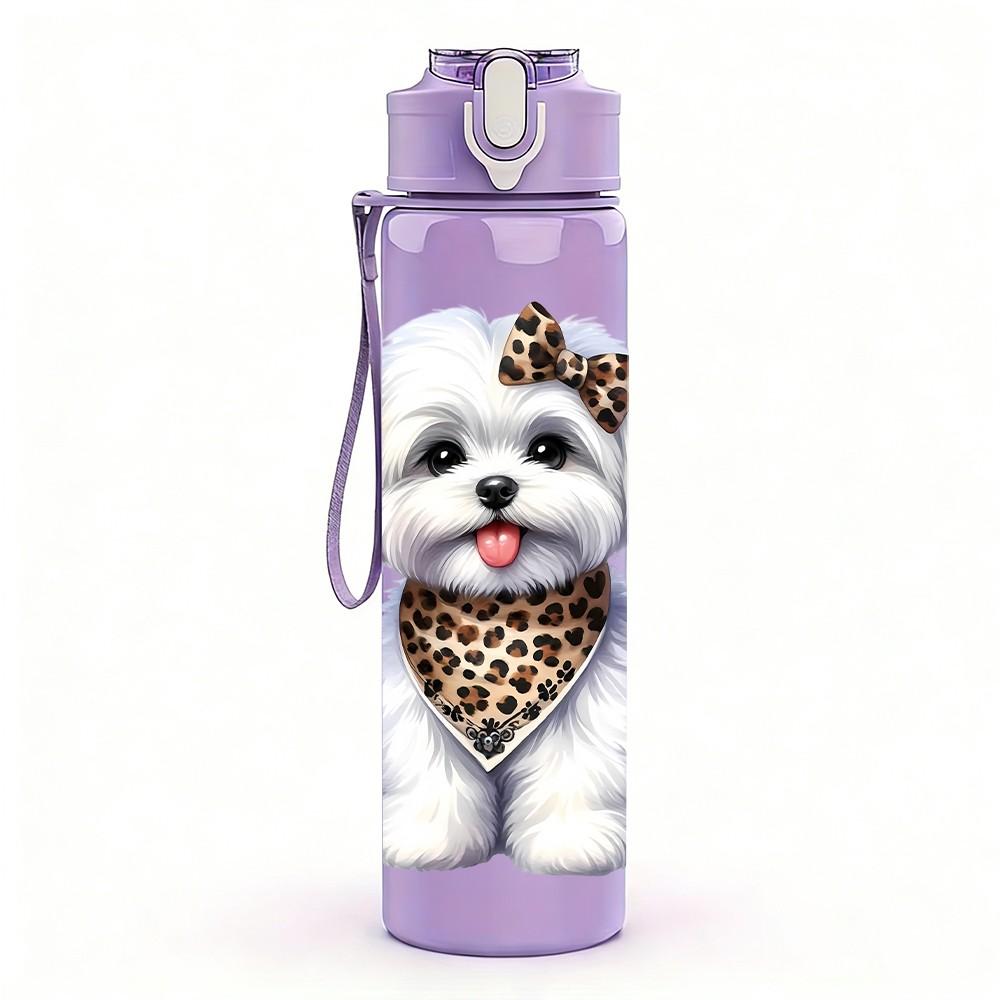 1PC White Poodle Dog Bandana Art 750ml Color Plastic Sports Water Bottle Leakproof Flip Straw Lid Suitable for Sports Office Home Use