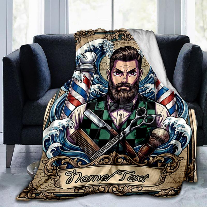1PC Custom Name Barber Shop Vintage flannel blanket versatile,all-season throw suitable for the living room,bedroom,camping,travel,and gift