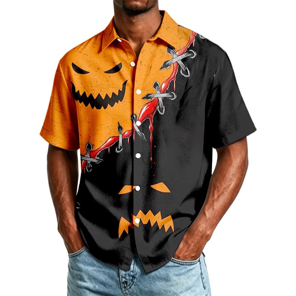 Herren Freizeithemd Kurzarm Button-Down Halloween-Print Leichter atmungsaktiver Stoff Locker geschnittenes Hemd für den Alltag