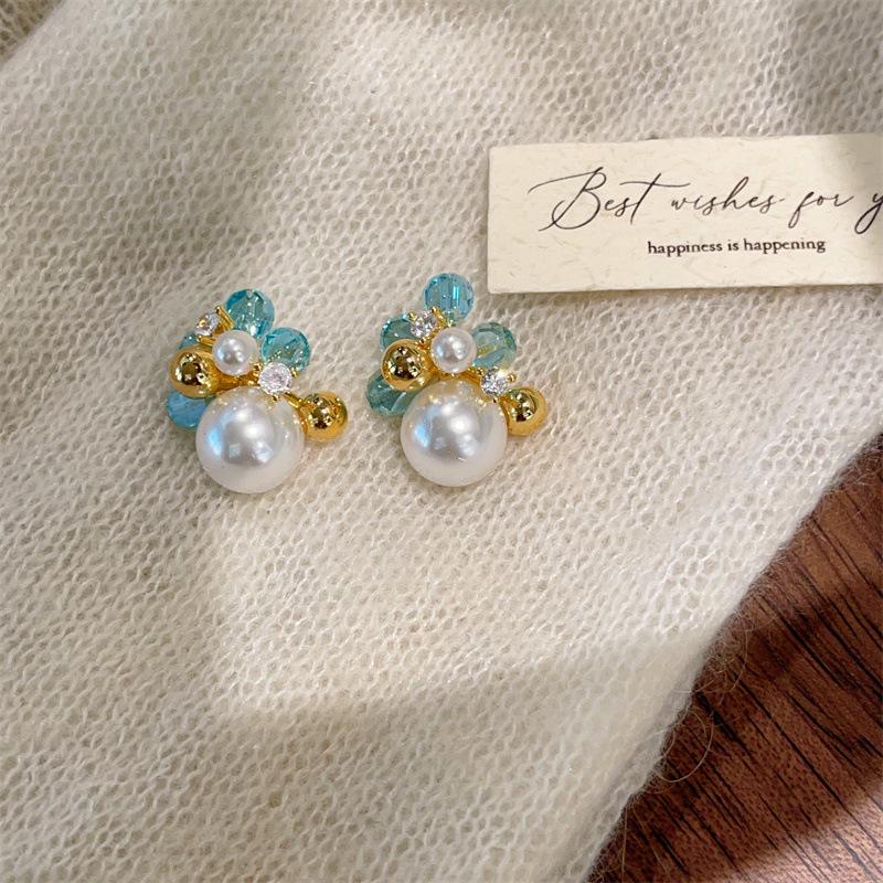 Blue Crystal Pearl Earrings Women Elegant Design Ear Jewelry