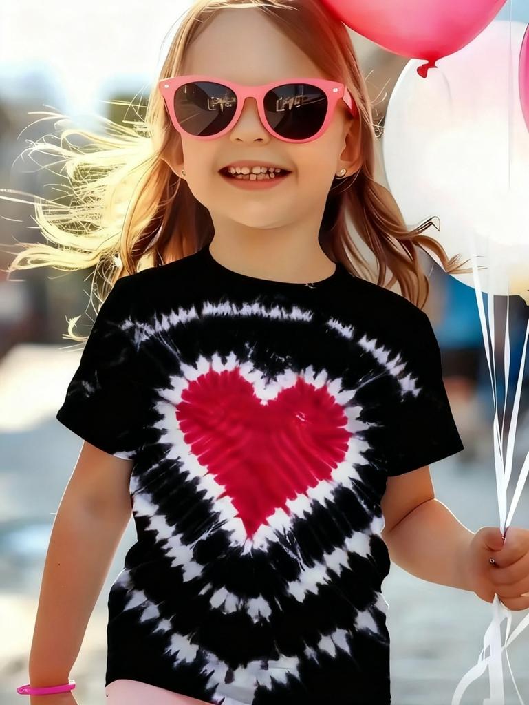 Girl Clothing Heart Tie Dye Print Summer Kids Short Sleeve T-Shirt Cute Round Neck Boy Girl Tee Outdoor Cute Children's Clothing