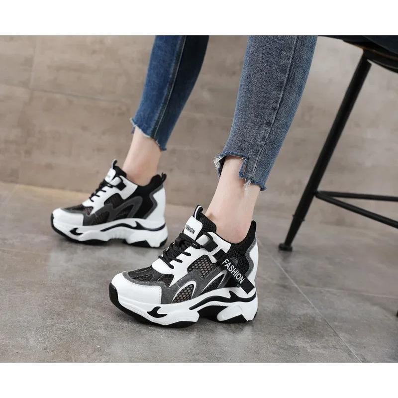 Moda 2025 Zapato Casual de Mujer Cuero Genuino Plataforma de 9cm Zapatillas de Cuña Zapatos Gruesos Zapatillas de Moda para Mujer Zapatos de Primavera Verano