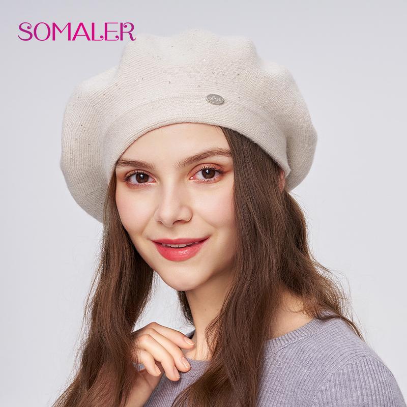 SOMALER Winter Beret For Women Autumn Wool Knit Beret Hats With Sequins Warm Double Layer Classic Frech Style Beret Cap