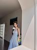 Women's Blue Suspender Dress - Summer 2025 French Seaside Holiday Waist-Cinching Long Dress