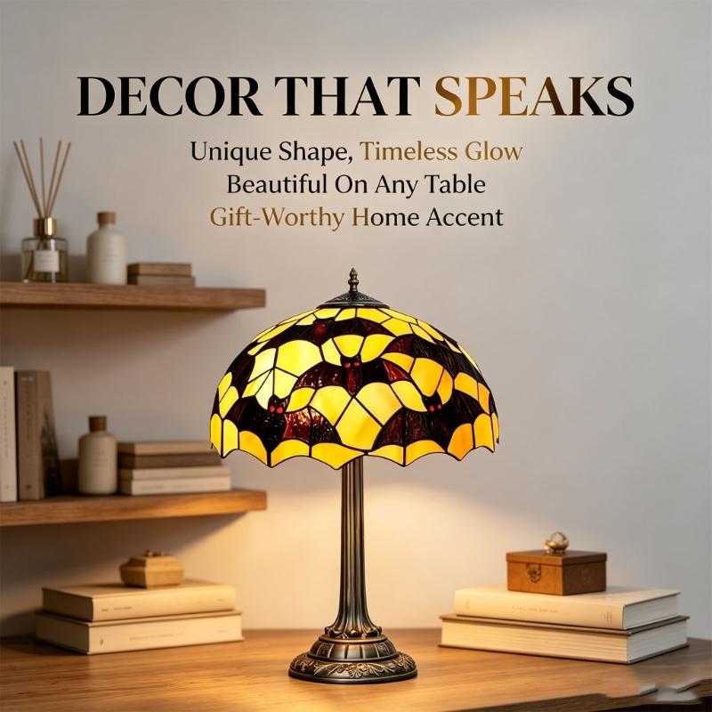 Bat Accent Lamp for Bedroom Desk Shelf with Warm Yellow Shade, Dark Style Home Light for Halloween Display, Side Table, and Room Setup