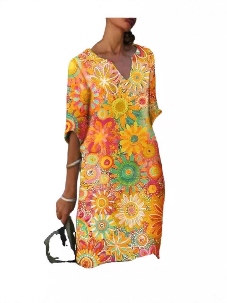 2025 Retro Künstlerisches V-Ausschnitt Locker geschnitten Fünf-Ärmel Übergröße Kleid