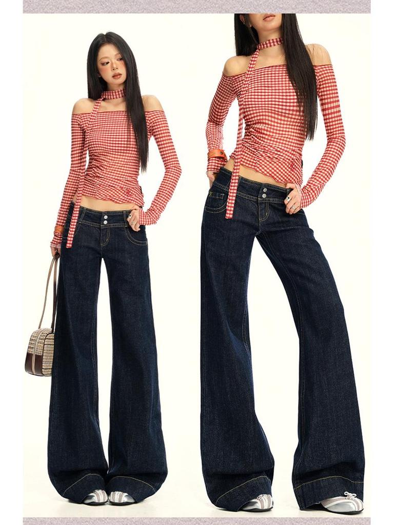 25. OOTD: Americké Retro Tmavě Modré Micro-Flare Volné Zeštíhlující Dlouhé Džíny