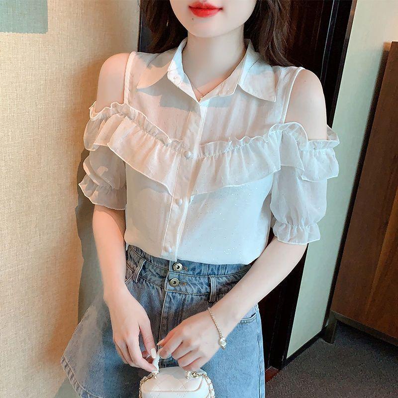 Women's Off Shoulder Tops Shirts Summer Korean Clothes Casual Feminina Ruffles Sexy Chiffon Blouses