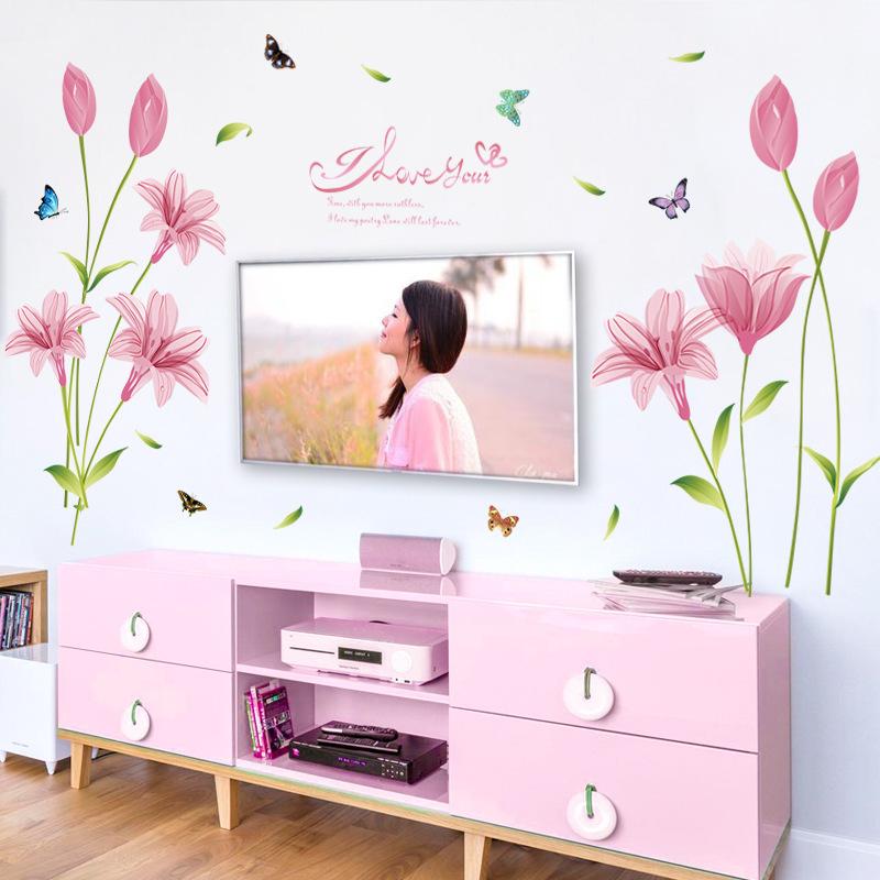 SK9122C Pink Lily Living Room Bedroom Entrance TV Background Decorative Wall Sticker