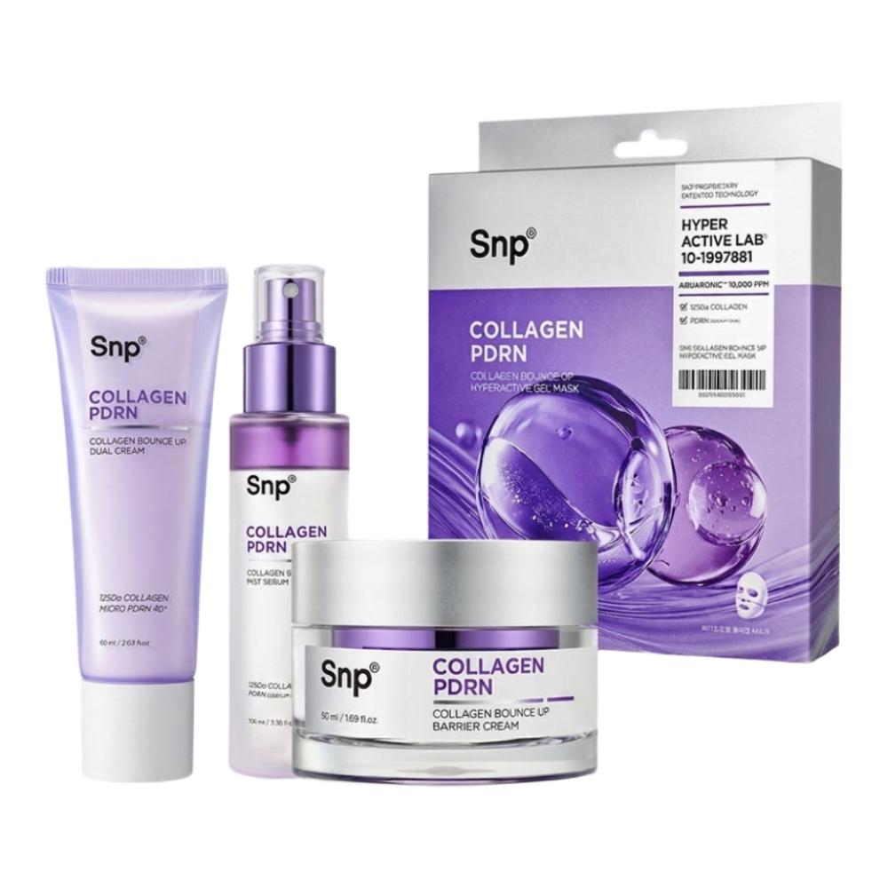 Snp Collagen Bounce Up Line 4 Piece Skincare Routine Set Serum Mist 100ml and Gel Mask 28g and PDRN Panthenol Cream 60ml and Collagen Cream 60ml