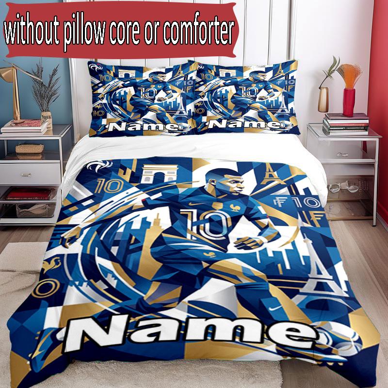 3pcs Duvet Cover Set (1*Duvet Cover + 2*Pillowcase, Without Core), Custom Name Kylian Mbappe Pattern Bedding Set, Home Bedroom Decor Gift