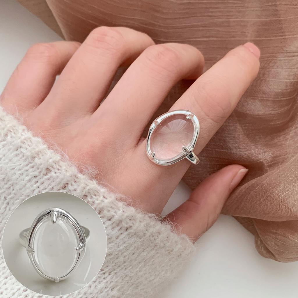Silver Color Geometric Open Ring for Women Black Glass Acrylic Rings Minimalist Party Jewelry Lady Gift Adjustable