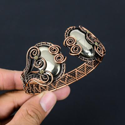 Bracciale/bracciale fatto a mano avvolto in filo di rame puro con pietra preziosa dorata Apache pirite, gioielli regolabili