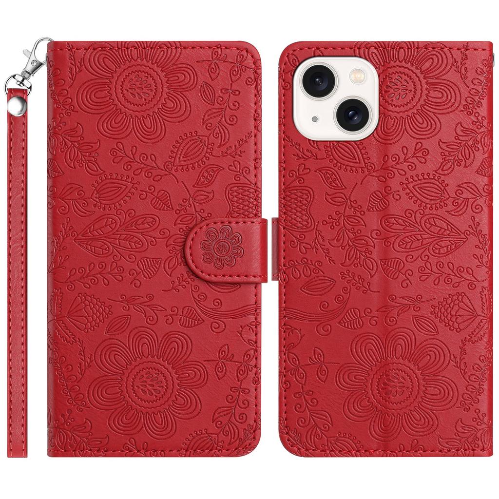 For iPhone 14/13 Case Flower Imprint Leather Flip Wallet Phone Cover with Wrist Strap