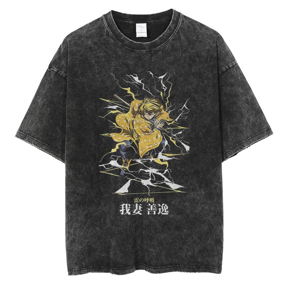Hot Anime Demon Slayer Kokushibo Graphic Washed T-Shirt Men Vintage Cotton Tshirts Oversized T Shirt Harajuku Male Manga Tops S