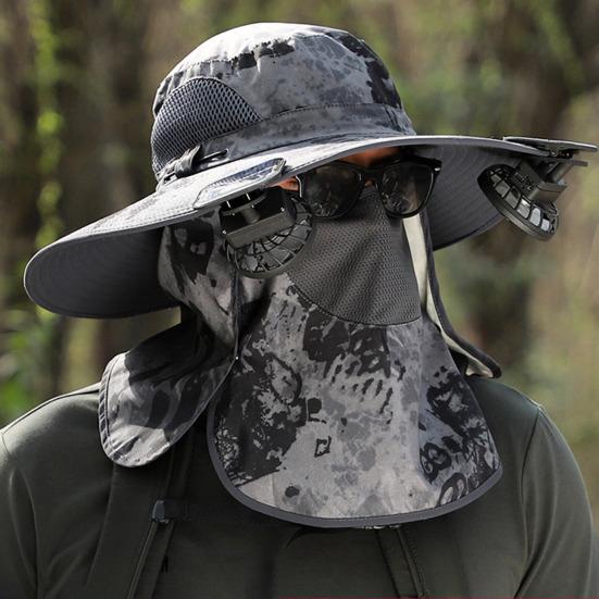 Solar-Ventilator-Hut mit Nackenklappe, LSF 50+, UV-Schutz, Hut mit 2 Solar-Ventilatoren, atmungsaktiv, für Herren, Sommer, Outdoor-Aktivitäten, Angeln, breite Krempe