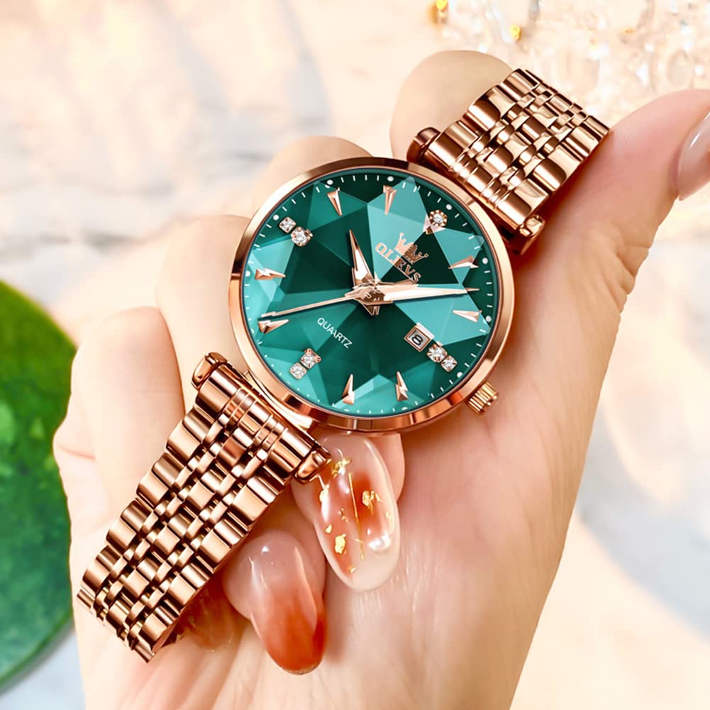 OLEVS Women's Quartz Watch with a Cute, Simple Dial, Easy-to-Read Date Display, Luminous, Waterproof, and a Perfect Valentine's Day Gift. Green.