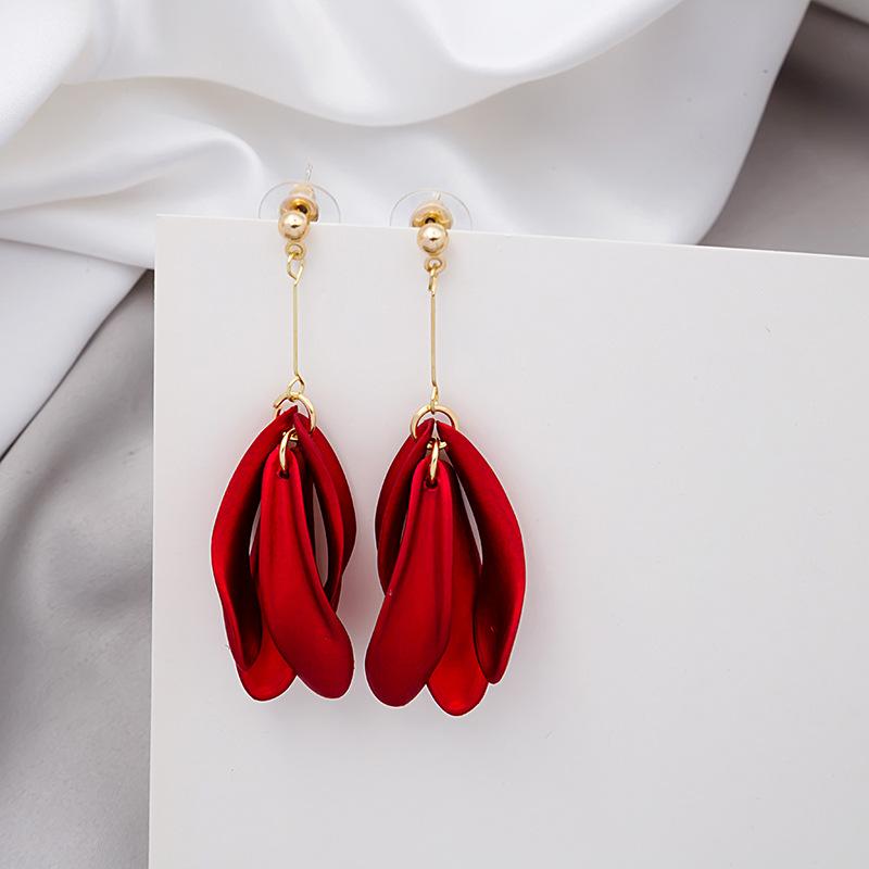 Chinese Style Red Petal Long Fringed Earrings French High-End Bridal Wedding Stud Earrings