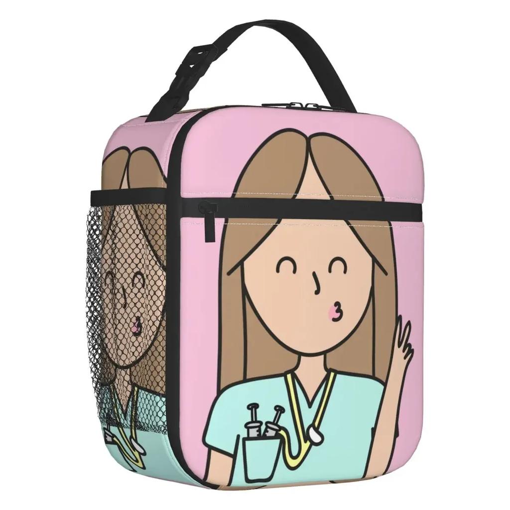 Cartoon Ladies Nurse Doctor Printed Portable Lunch Box for Women Multifunction Cooler Thermal Food Insulated Lunch Bag