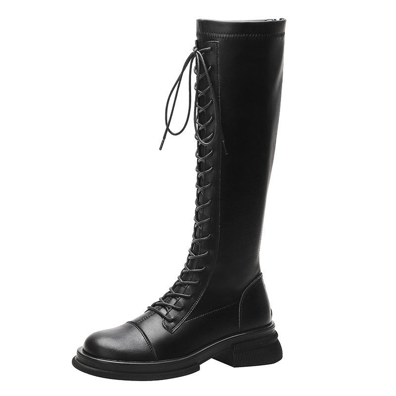 

Leather but knee knight boots British style thick-soled thick-heeled boots rear zipper round head lace-up high boots versatile 34