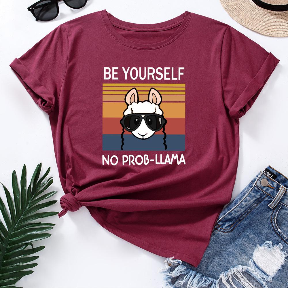 Women's Cute Alpaca Print Loose Round Neck Short Sleeved T-shirt for Women Shirt