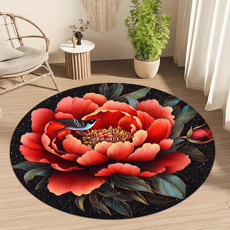 Red Peony & Bird Style Flannel-printed round floor mats are slip-resistant Suitable living room bedroom terrace garden carpets