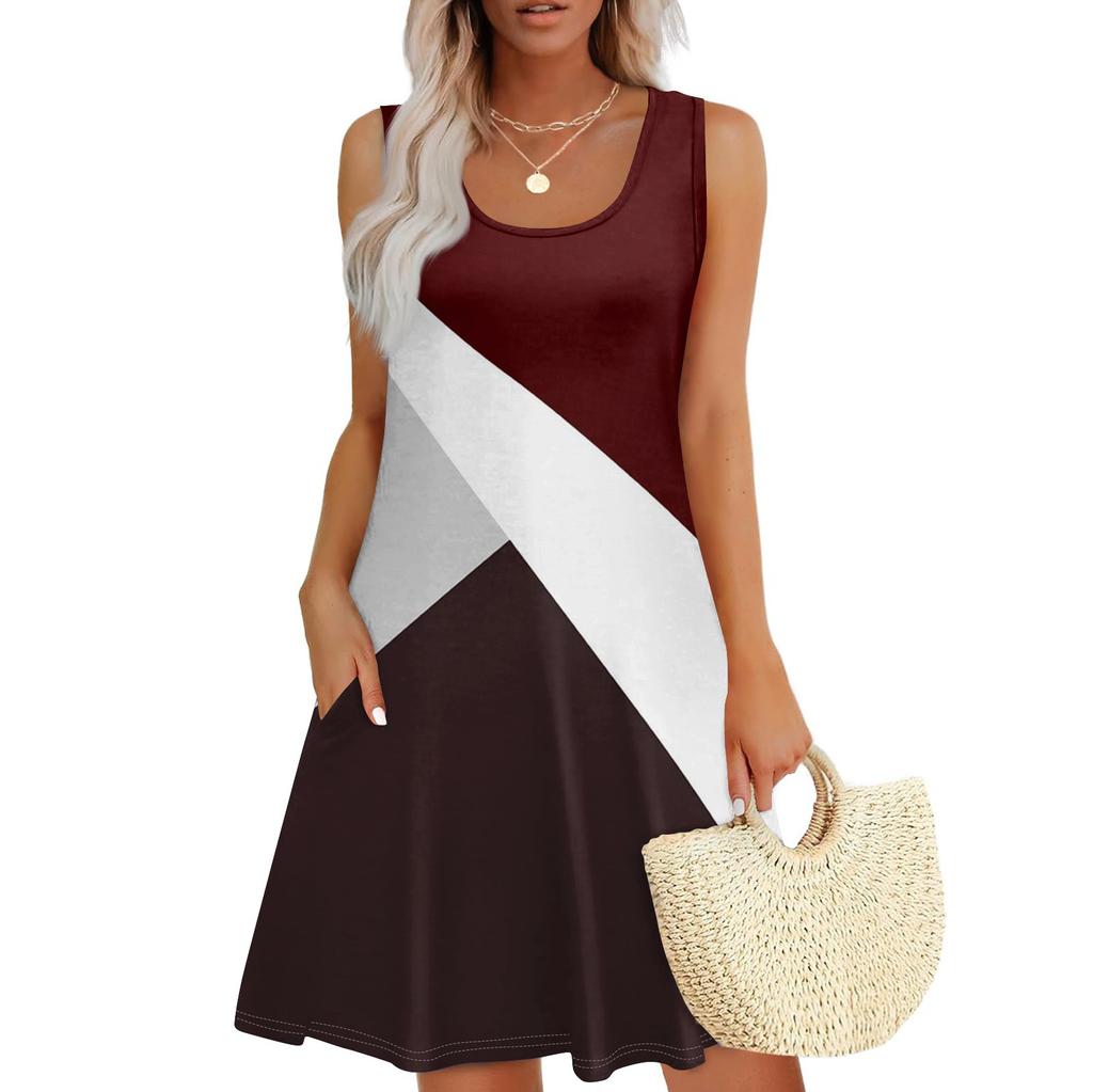 Robe d'été décontractée à col carré pour femmes, patchwork imprimé, robe sans manches avec poches