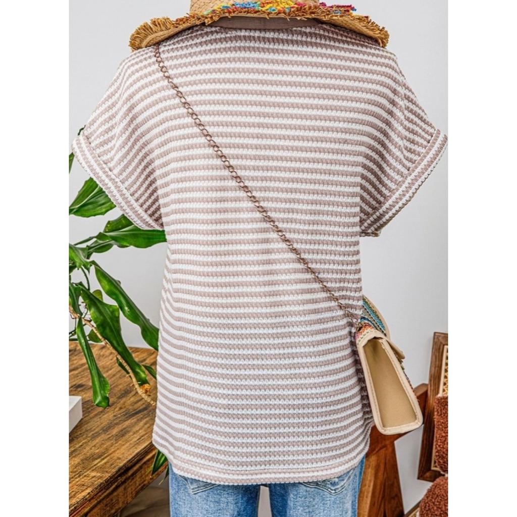 Summer Women's Spliced Knit V-Neck Button Short Sleeve Pullover Top for Leisure