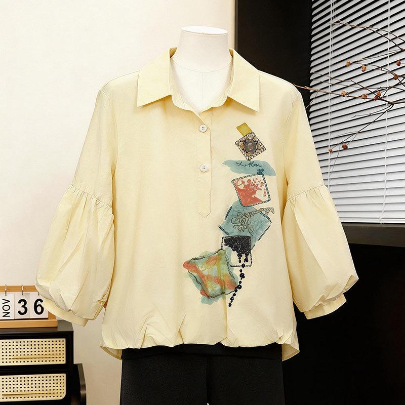 

2026 Spring Elegant Lantern Sleeve Printed Shirt - Korean Style, Age-Defying Fashion L - 55-62.5 kg жовтий