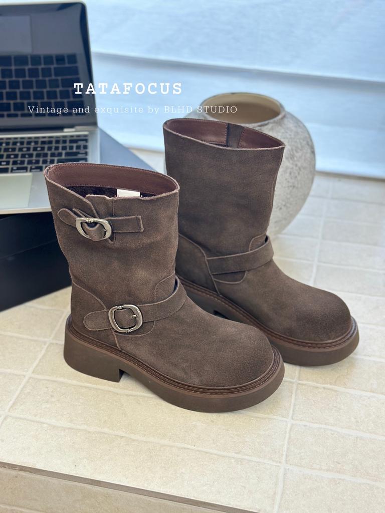 European Haute Couture Fashion Boots 2025 Retro Double Buckle Thick-soled Velvet Martin Boots Locomotive Knight Boots Casual Short Boots Women