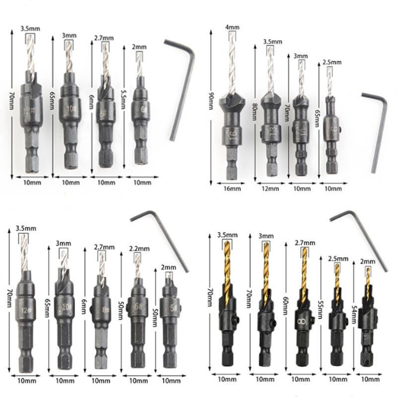 5/6pcs Countersink Drill Woodworking Drill Bit Set Drilling Pilot Holes For Screw Sizes #5 #6 #8 #10 #12 With a Wrench Tools