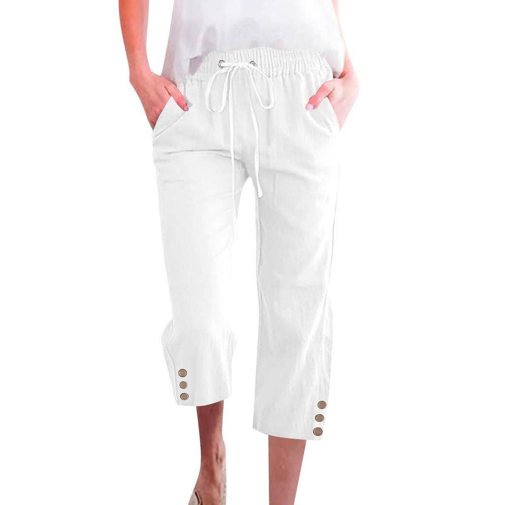 Spring Solid Color Cotton Linen Drawstring Cropped Pants