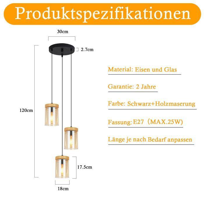 Lampe suspension - NETTLIFE - 3 flamme verre vintage - Noir - Métal - E27 30x120 cm