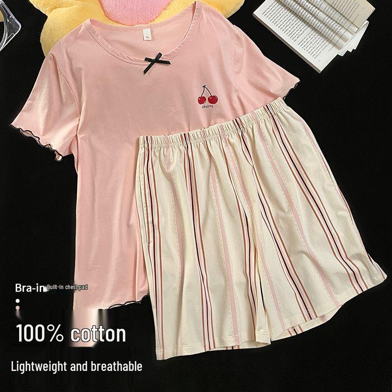 2026 New Style Women's Summer Cotton Pajama Set with Built-in Bra: Round Neck, Short Sleeves, Shorts, Sweet Casual Loungewear