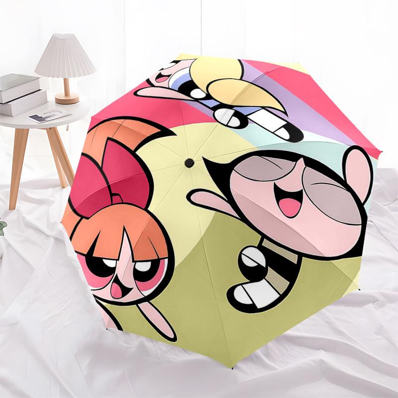 1pc Powerpuff Girls Automatic Opening/Closing Outdoor Umbrella with Portable Tri-Fold Design, 8-Rib Iron Frame Outdoor for Fans, Travelers, Daily