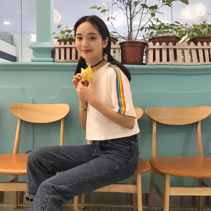 

Новая летняя корейская версия свободная футболка с коротким рукавом и высокой талией для студенток, женский принт, короткий топ, открывающий живот L белый