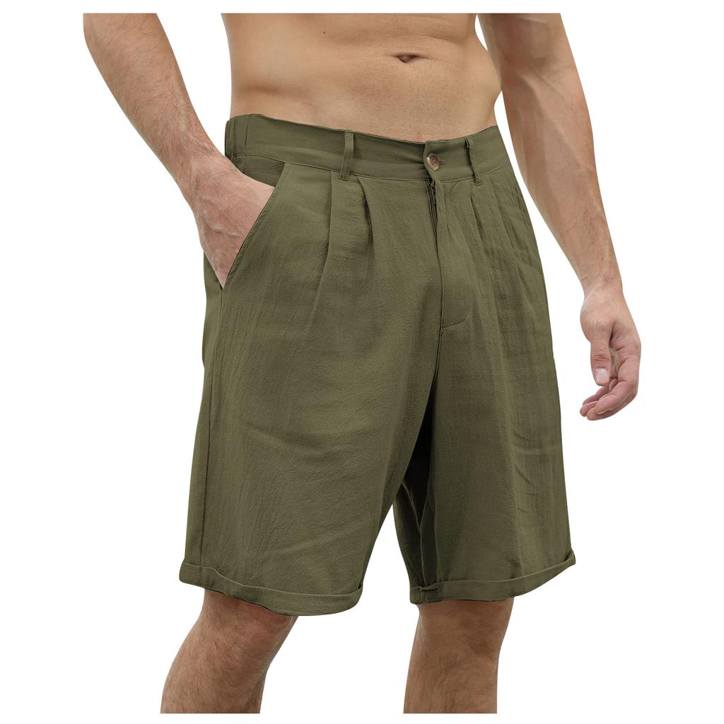Men Linen Blend Casual Beach Shorts Classic Summer Shorts with Button and Elastic Waistband Relaxed Fit Pockets