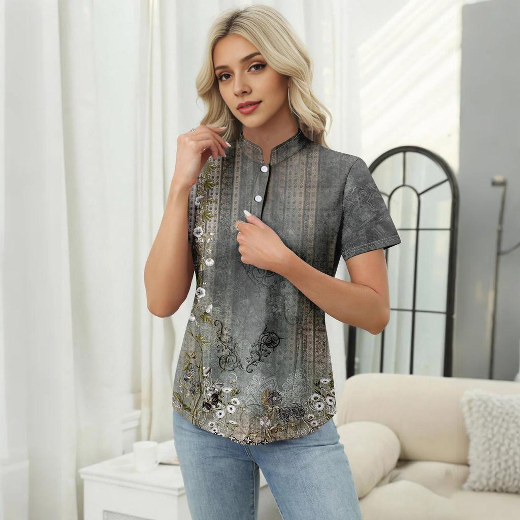 Women's Casual Floral Print V-Neck Short Sleeve Decorative Button T-Shirt Top