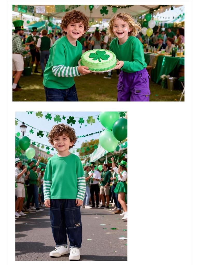 Green Kids' St. Patrick's Day Two-Piece Long-Sleeve Shamrock Party Outfit