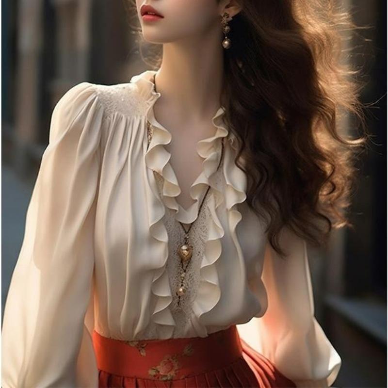 Women's Clothing V-Neck Ruffles Patchwork Solid Color Pullover Lantern Long Sleeve Chiffon Casual Elegant Korean All-match Tops