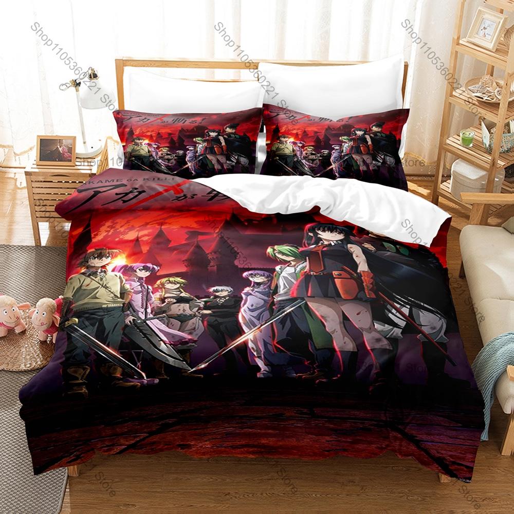 Akame Ga Kill! Kpop Bedding Set 3 Piece Duvet Cover Set 3D Printed Quilt Cover Pillowcase Soft Bed Set for Kid Adults Fans Gift