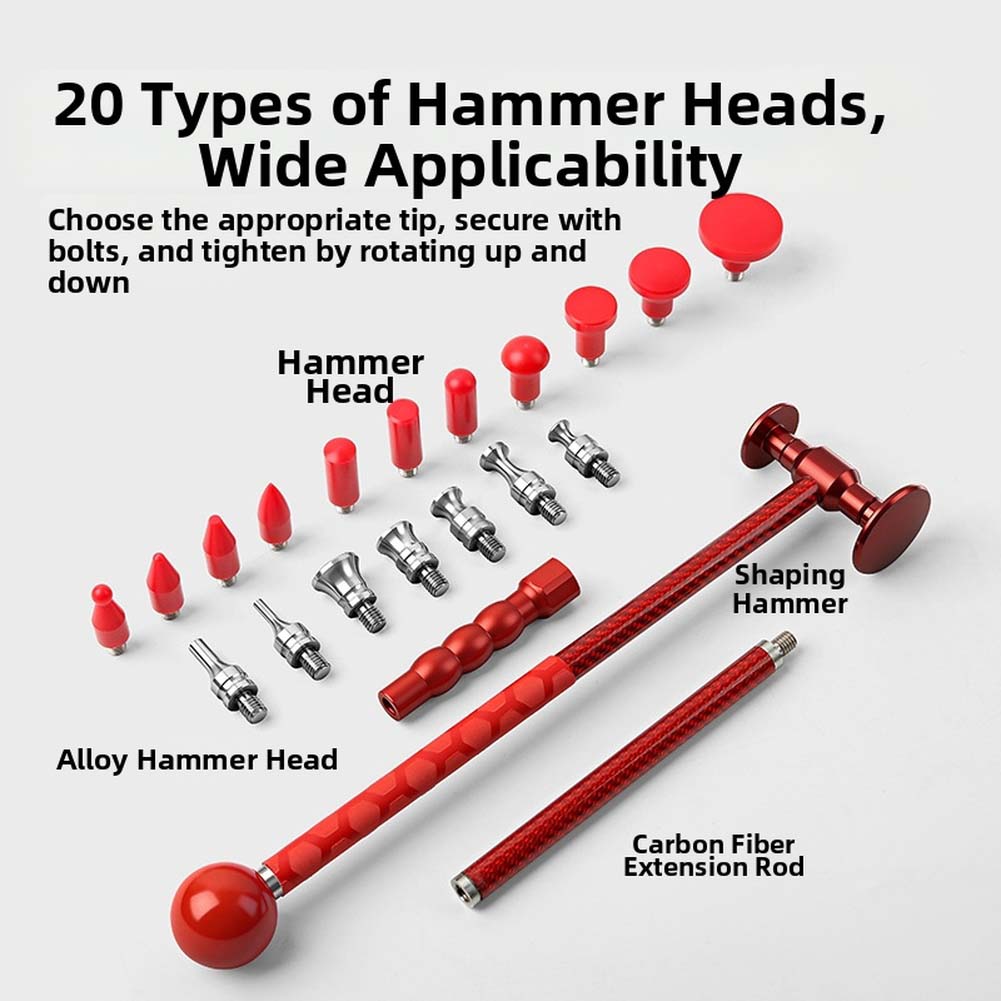 Paintless Dent Removal Kit Carbon Fiber Hammer 20 Interchangeable Heads Aluminum Alloy Auto Body Repair Tool For Car Hail Damage
