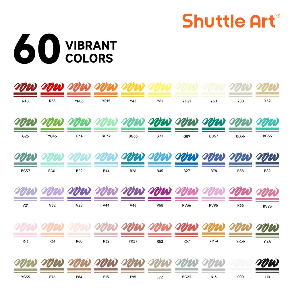 Shuttle Art Acrylic Marker Pen Set 60 Colors Brush Tip Direct Ink Lightfast Water-Based Paint Markers with Storage Case Supplies for Drawing