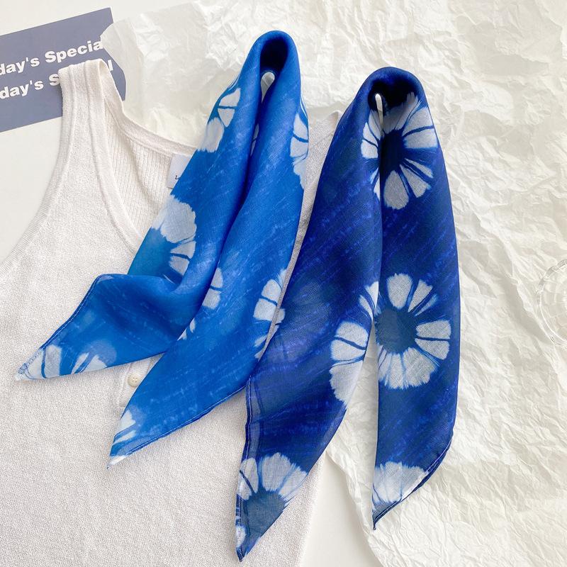 Flax small square scarf silk scarf women's headscarf neck protection scarf imitation blue dye handmade tie-dye scarf Yunnan yarn scarf thin scarf