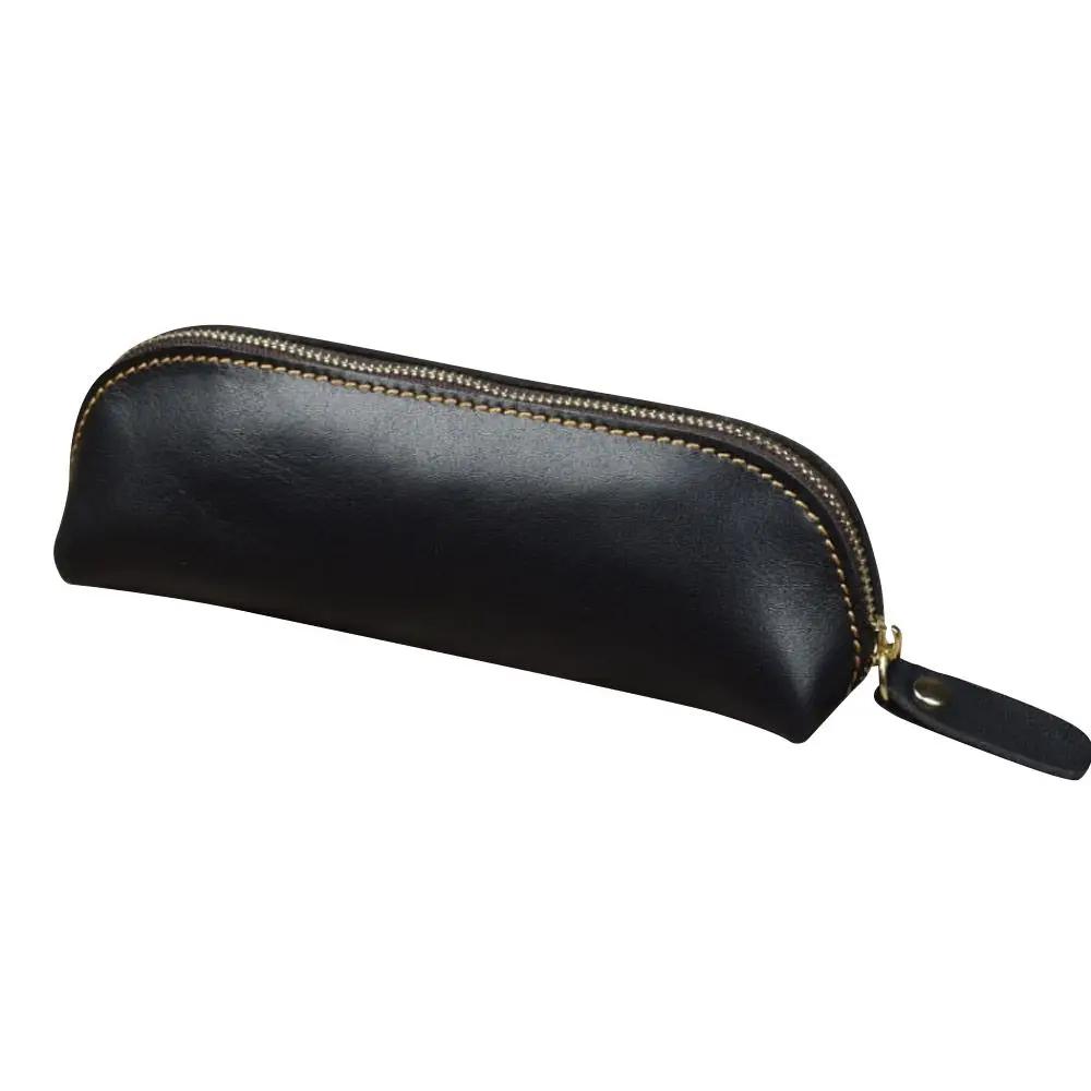 Cowhide Pencil Bag Retro Style Zipper Pen Case School Supplies Office Stationery Pen Storage Glasses Bag