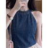 2026 Summer New Large Size French-Style Denim Ruffle Halter Neck Sleeveless Asymmetrical Top for Women in Hong Kong Style