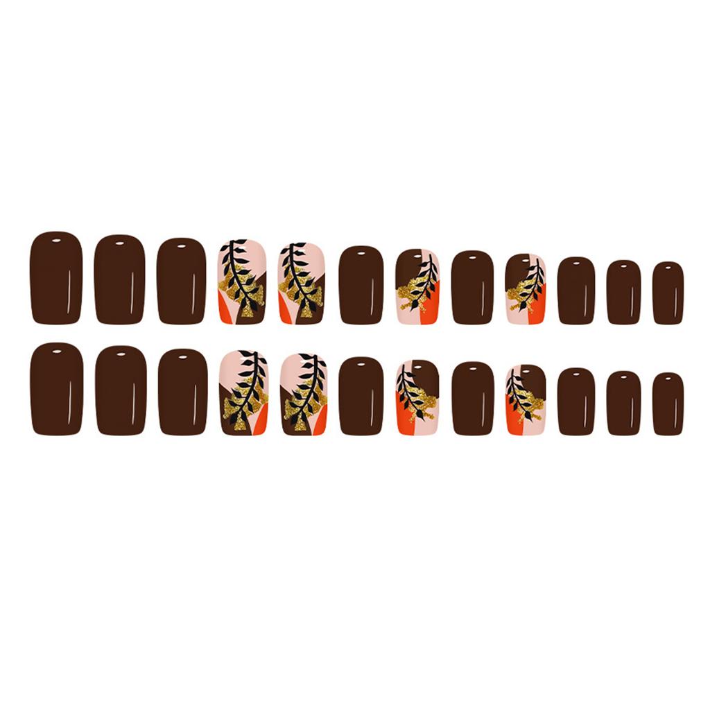 24pcs/set False Nails With Gold Foil Glitter ABS Press On Nails For Fall Winter Elegant Manicure MultiSize Reusable