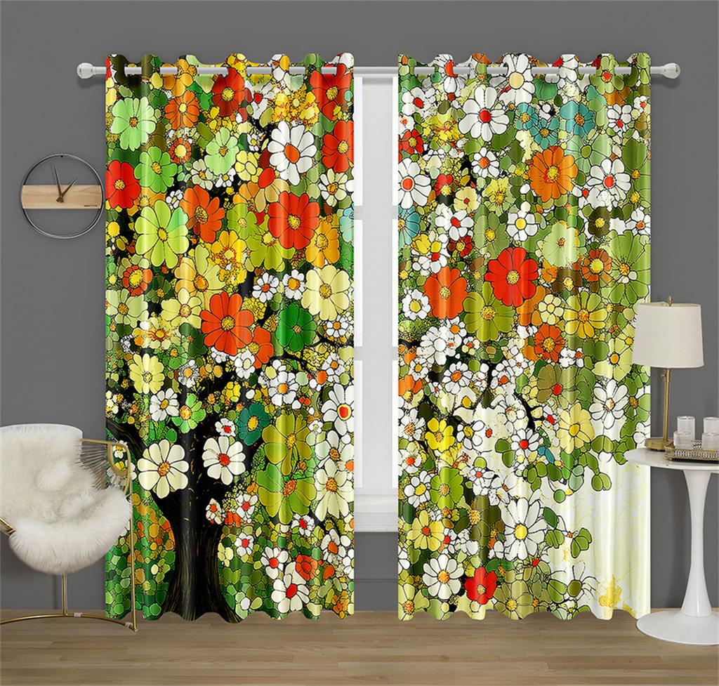 Colorful Rich Flowers Pattern Curtains Green and Peach Flowers Kitchen Decor Curtains Bedroom Living Room Window Decor 2 Panels