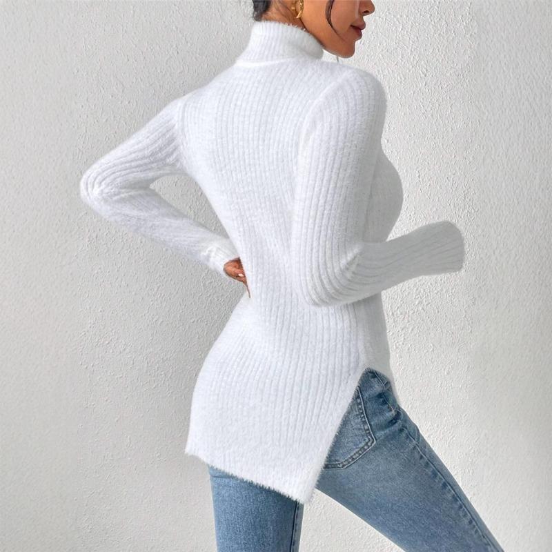 Women's Sexy Sweater Autumn Winter Turtleneck Knit Hem Slit Top Solid Color